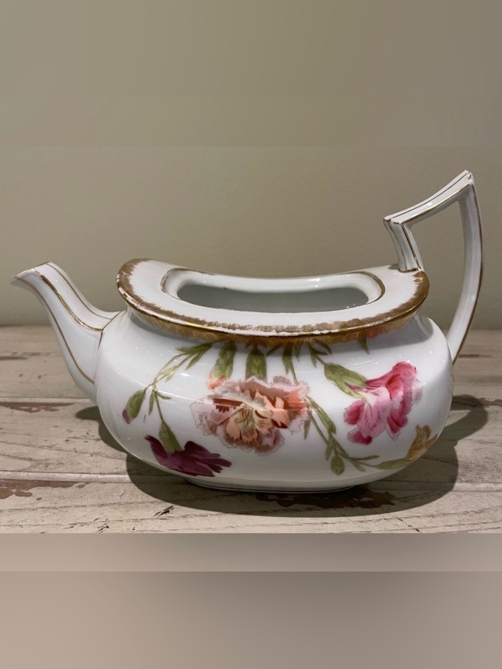 Antique T&V Limoges France Teapot Carnation Floral Gilt Porcelain, c. 1905-1907